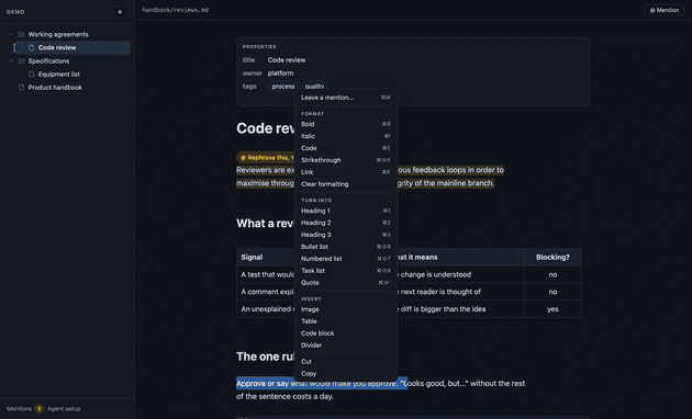 The right-click menu: format, turn into, insert